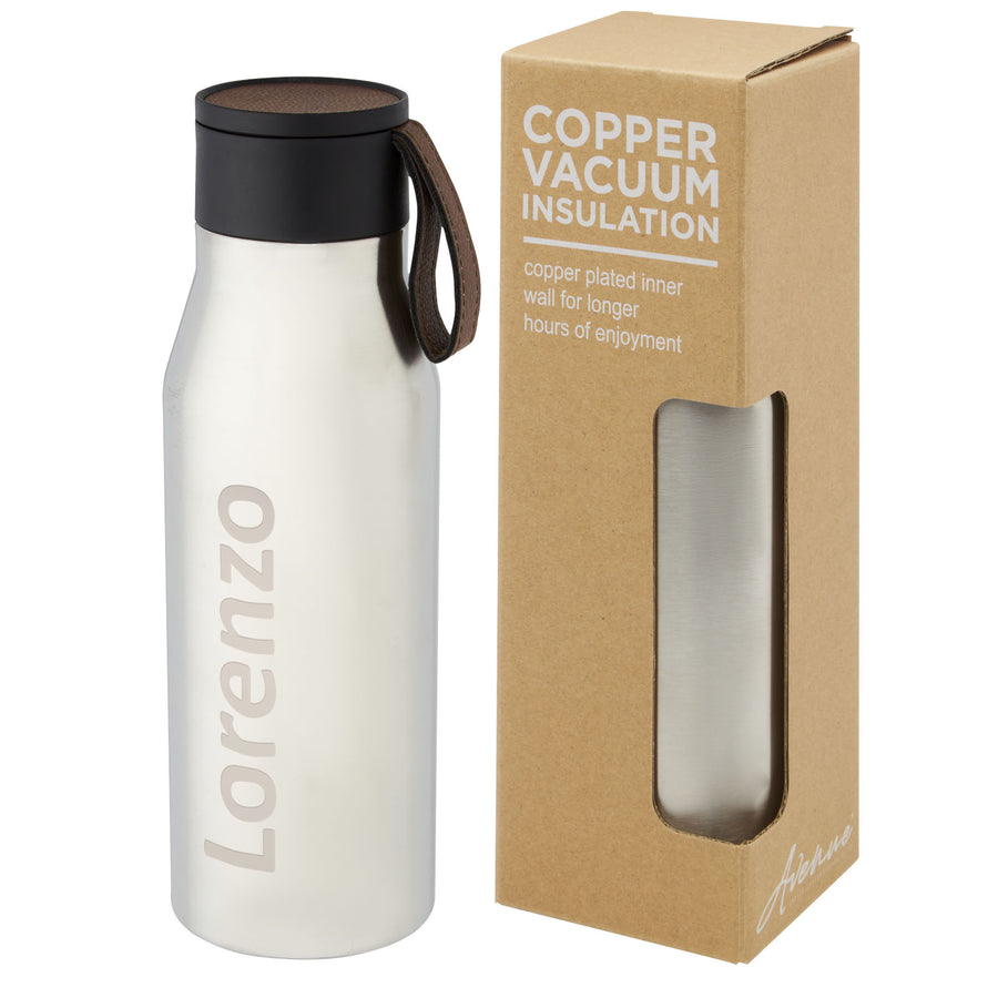 G100668 Borraccia termica in acciaio inossidabile da 500 ml con isolamento sottovuoto in rame, coperchio e cinturino in finta pelle