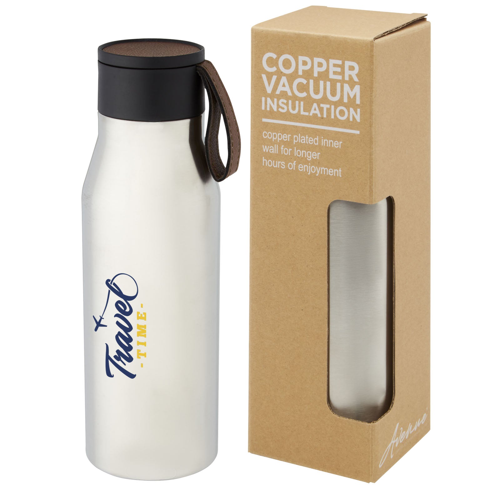 G100668 Borraccia termica in acciaio inossidabile da 500 ml con isolamento sottovuoto in rame, coperchio e cinturino in finta pelle