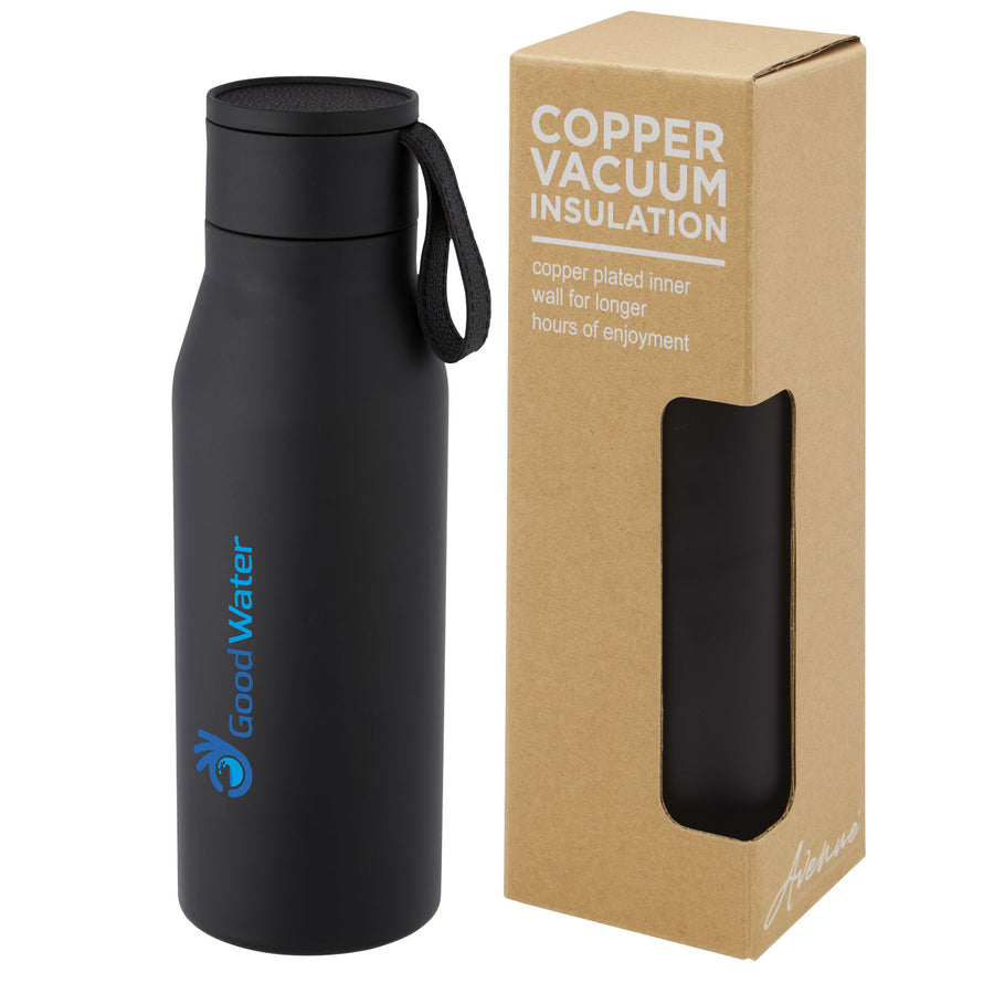 G100668 Borraccia termica in acciaio inossidabile da 500 ml con isolamento sottovuoto in rame, coperchio e cinturino in finta pelle