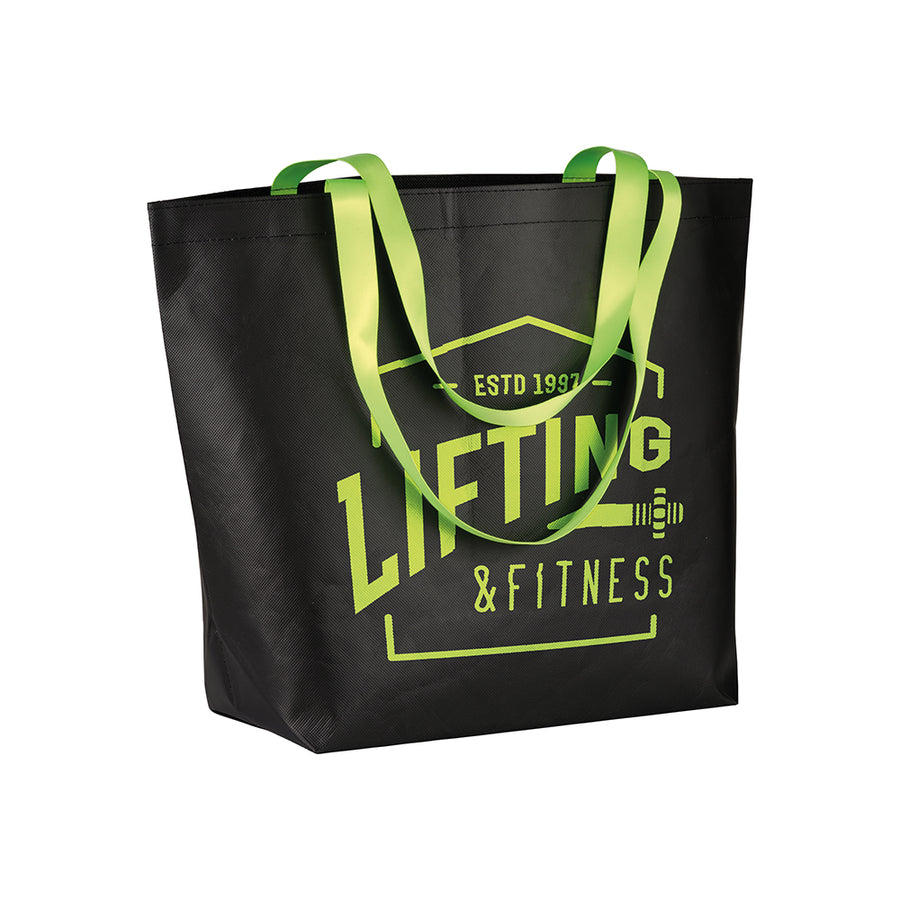 G18115 Shopper con soffietto alla base in TNT laminato 100 gr/m² cucito, manici in colore fluo