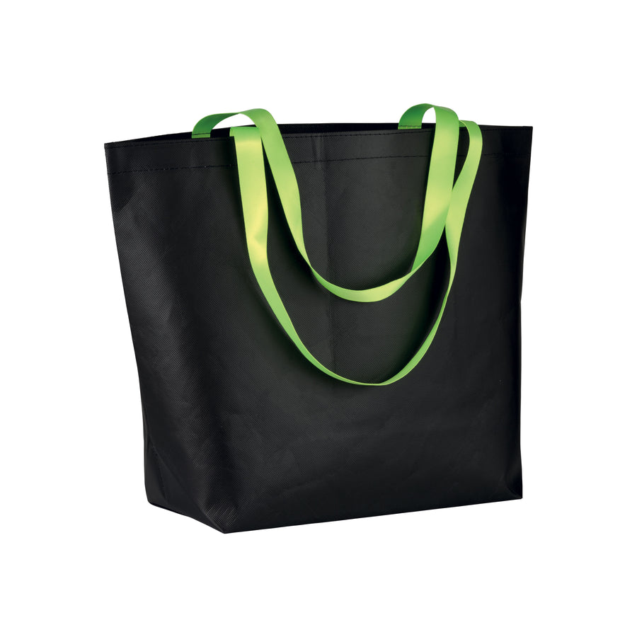 G18115 Shopper con soffietto alla base in TNT laminato 100 gr/m² cucito, manici in colore fluo
