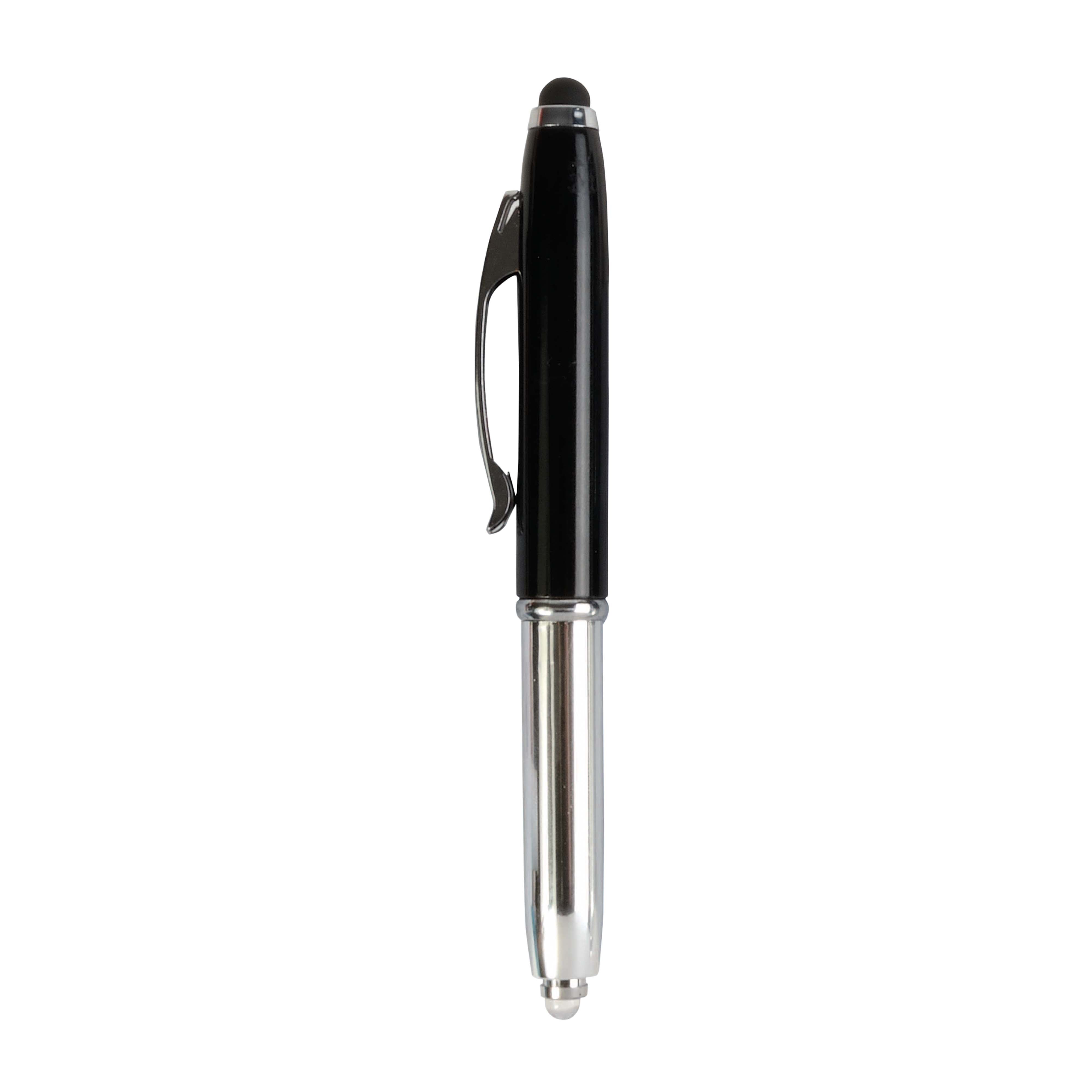 G17812 Mini penna in plastica color argento, con cappuccio e clip in metallo, con luce