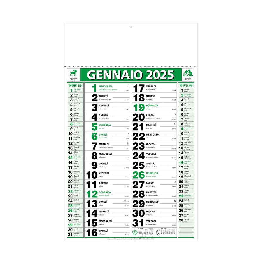 G25D061 Calendario 2025 da muro mensile, 12 fogli, su carta patinata, termosaldato