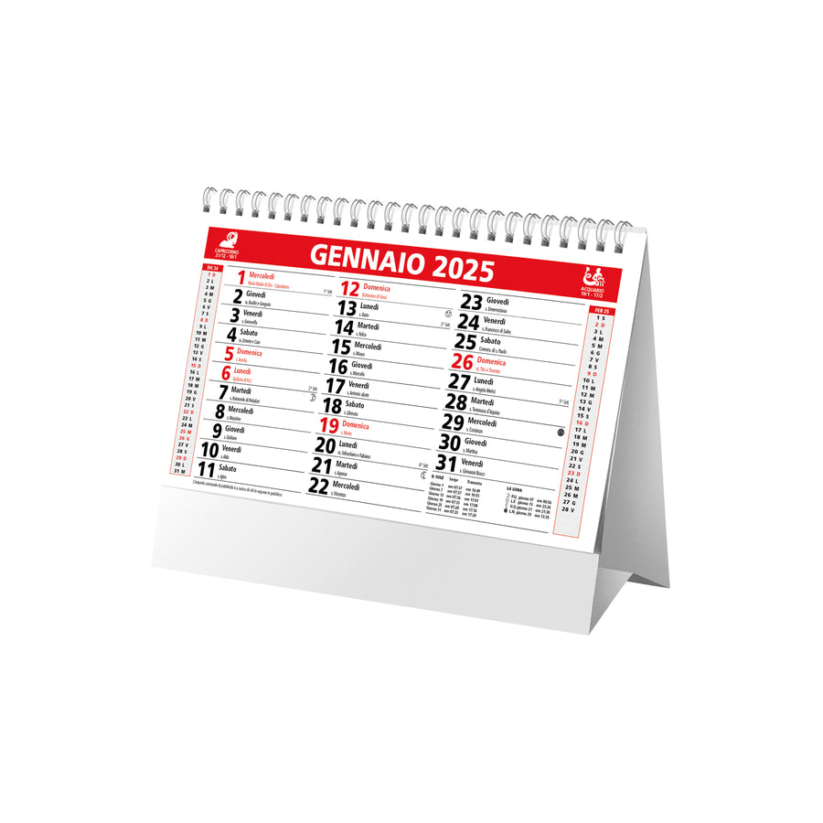 G25D069 Calendario mensile 2025 da tavolo, 13 fogli su carta patinata opaca, 2 colori, spiralato