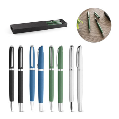 G91778 RE-LANDO-SET. Set penna roller e penna a sfera con corpo in alluminio 100% riciclato