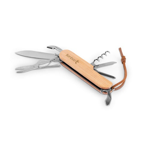 G94366 RYKER. Coltello tascabile multifunzionale in bamboo e acciaio inossidabile con manico in PU