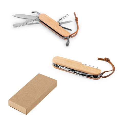 G94366 RYKER. Coltello tascabile multifunzionale in bamboo e acciaio inossidabile con manico in PU