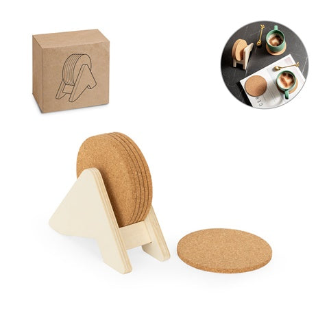 G94368 PLYCORK. Supporto in compensato con 6 sottobicchieri in sughero