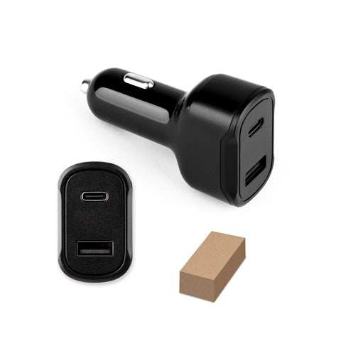 G97189 DIRAC. Adattatore per accendisigari con porta USB-A 18W e USB-C 20W in 100% rABS