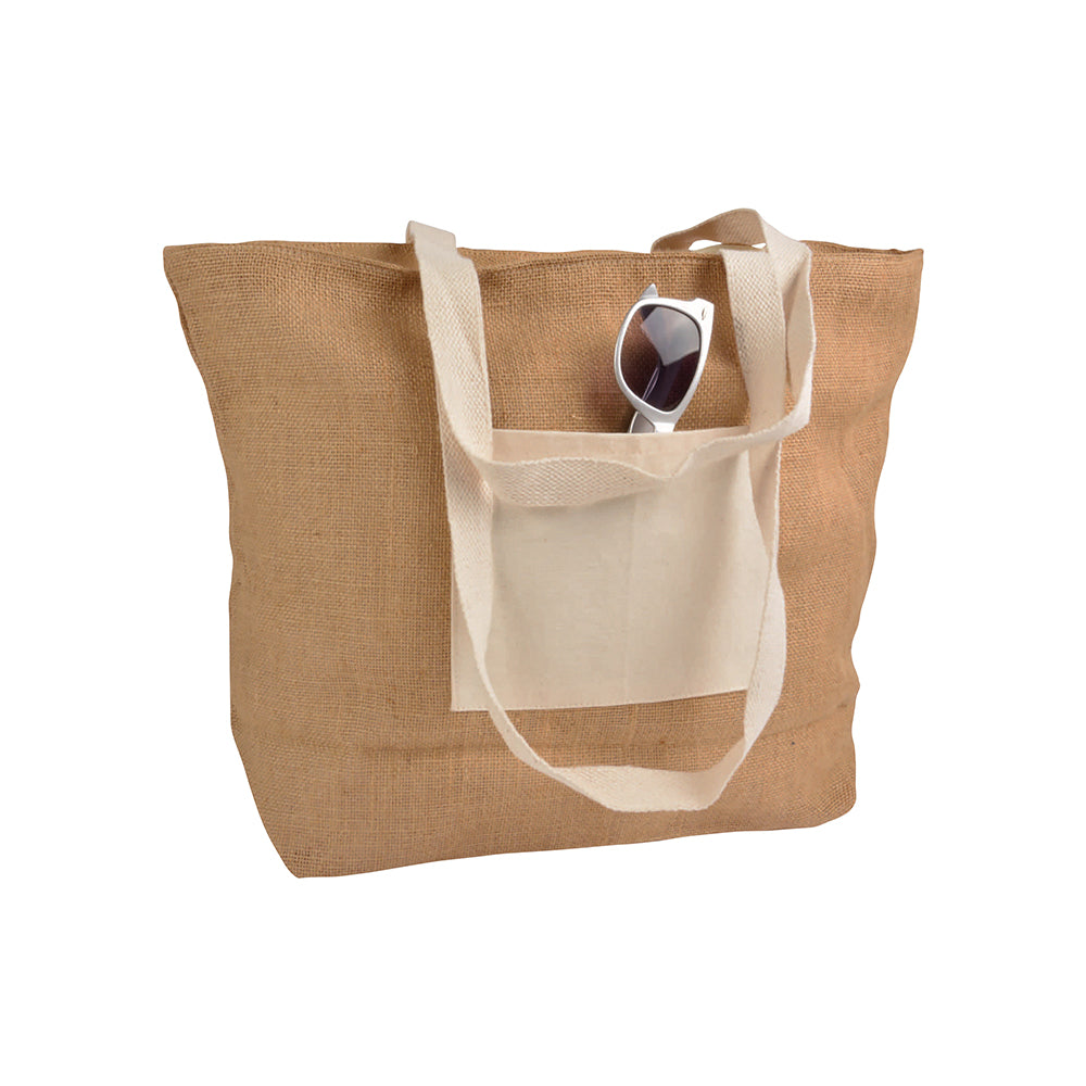G09149 Borsa in Juta con chiusura lampo, manici e tasca esterna