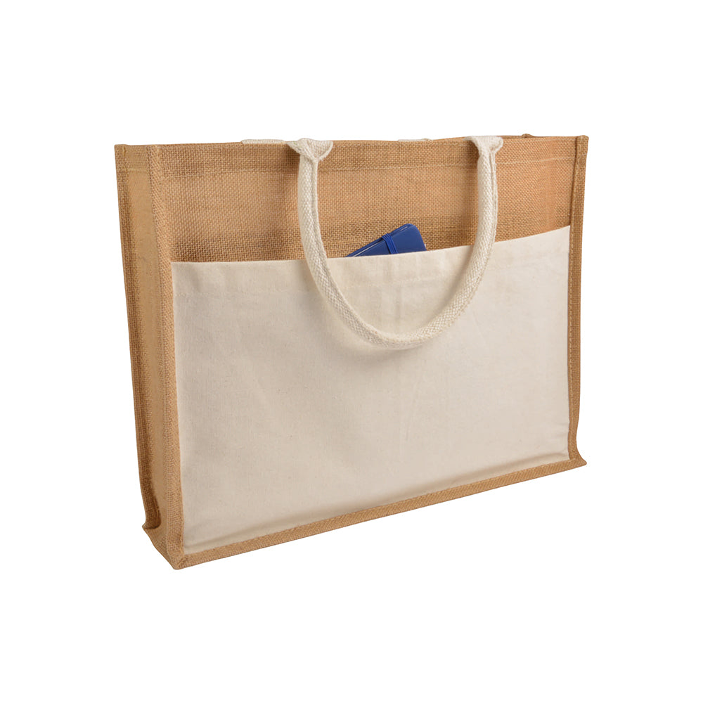 G0915022 Shopper con soffietto in Juta con interno cerato, manici e  tasca esterna in cotone