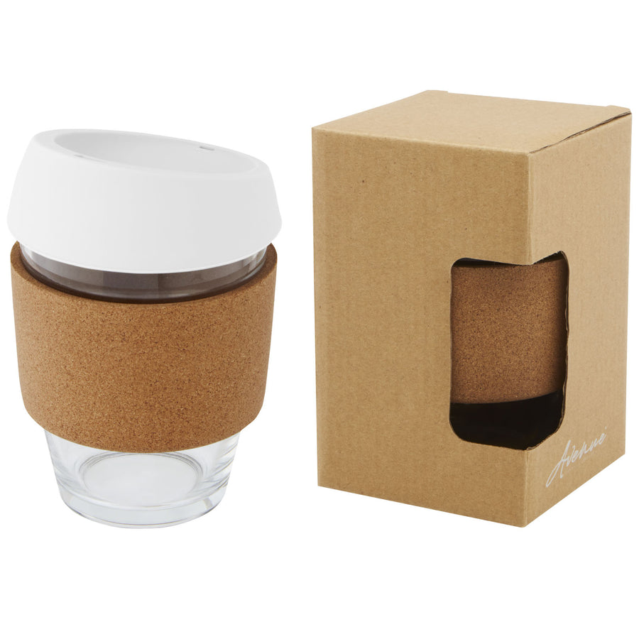 G100665 Bicchiere da 360 ml in vetro borosilicato con impugnatura in sughero e coperchio in silicone Lidan