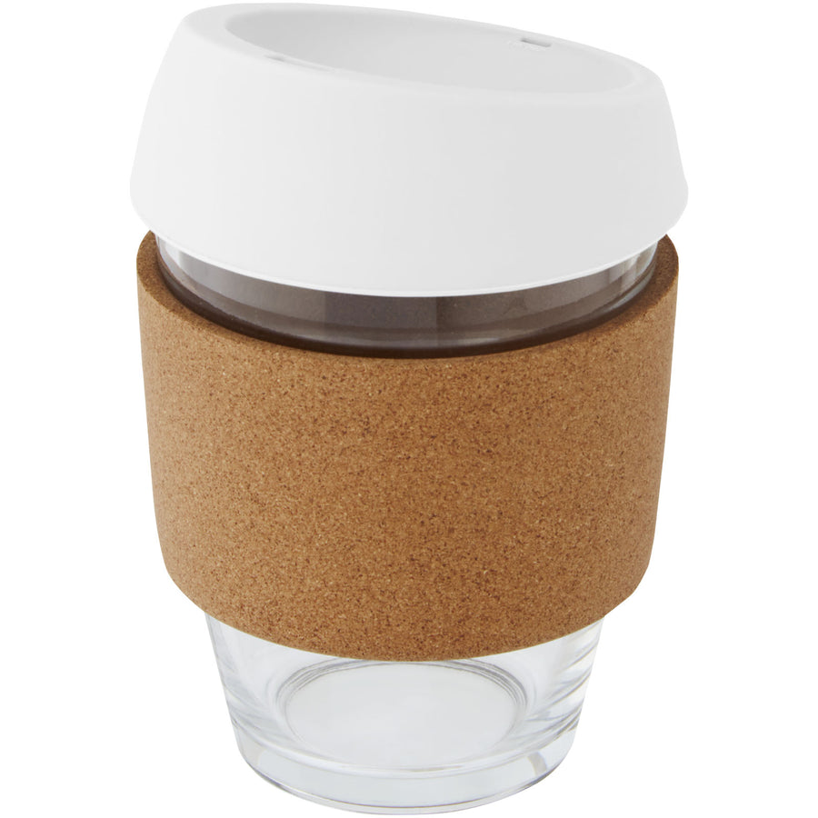 G100665 Bicchiere da 360 ml in vetro borosilicato con impugnatura in sughero e coperchio in silicone Lidan