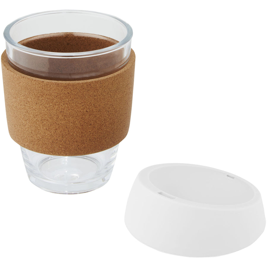 G100665 Bicchiere da 360 ml in vetro borosilicato con impugnatura in sughero e coperchio in silicone Lidan