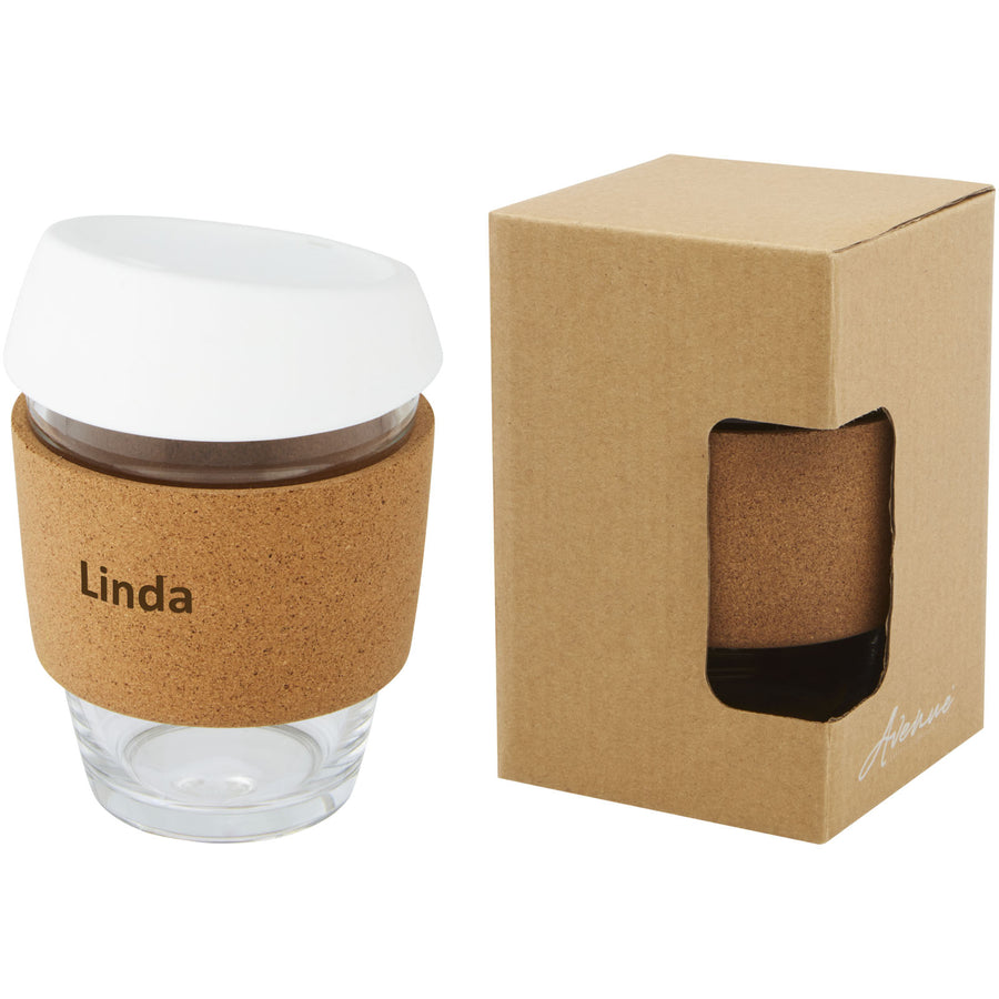 G100665 Bicchiere da 360 ml in vetro borosilicato con impugnatura in sughero e coperchio in silicone Lidan
