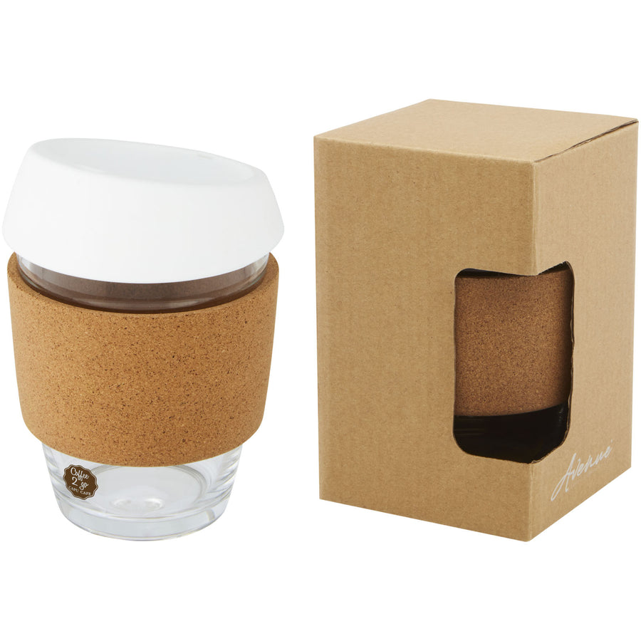G100665 Bicchiere da 360 ml in vetro borosilicato con impugnatura in sughero e coperchio in silicone Lidan
