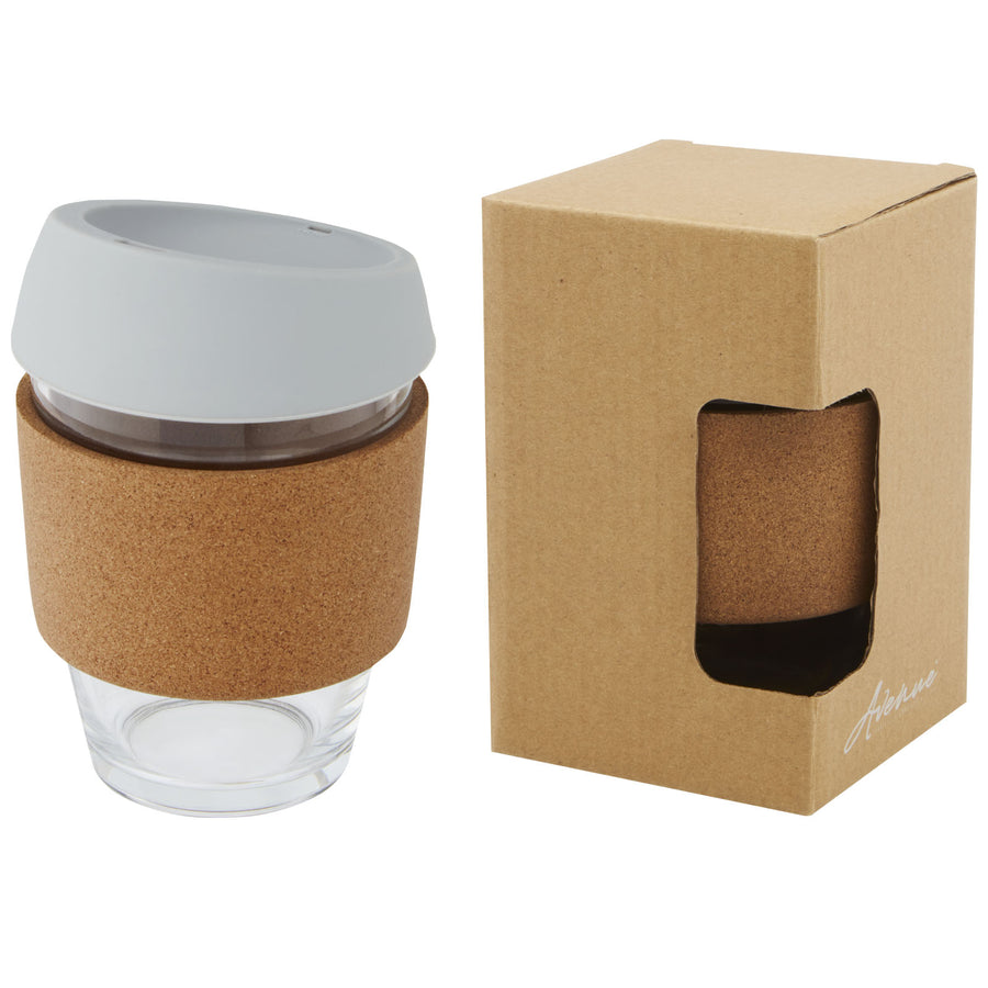 G100665 Bicchiere da 360 ml in vetro borosilicato con impugnatura in sughero e coperchio in silicone Lidan