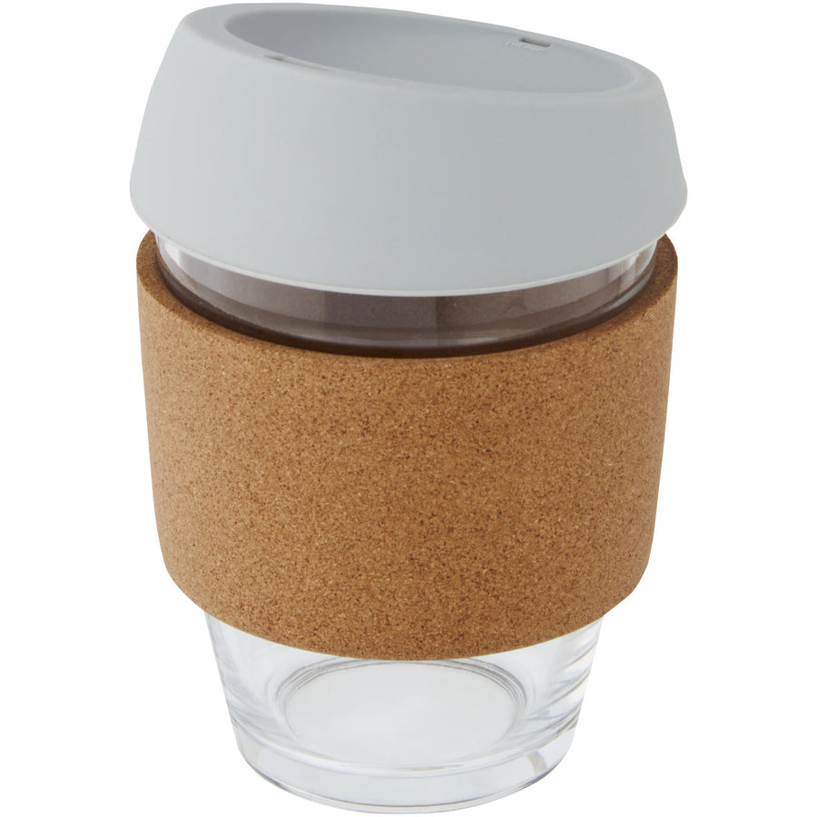 G100665 Bicchiere da 360 ml in vetro borosilicato con impugnatura in sughero e coperchio in silicone Lidan