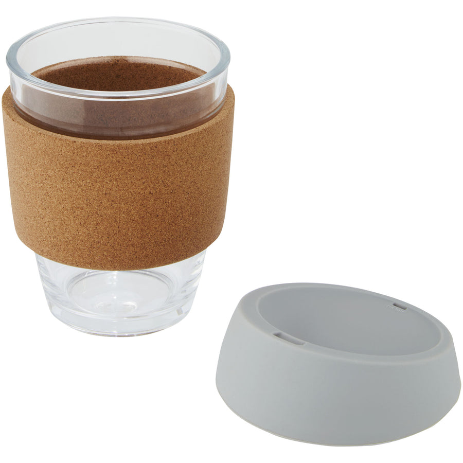 G100665 Bicchiere da 360 ml in vetro borosilicato con impugnatura in sughero e coperchio in silicone Lidan