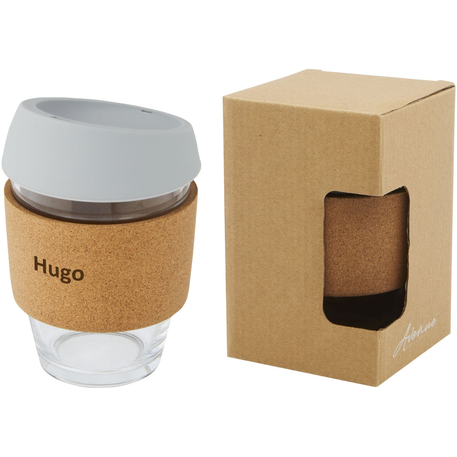 G100665 Bicchiere da 360 ml in vetro borosilicato con impugnatura in sughero e coperchio in silicone Lidan