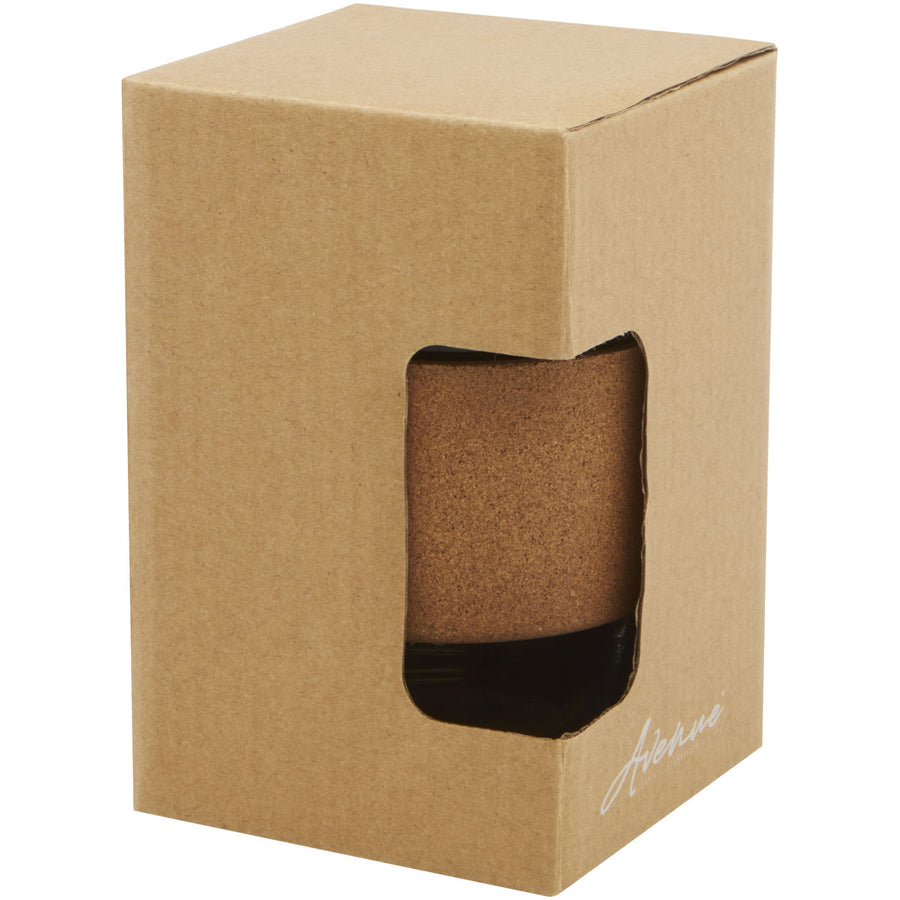 G100665 Bicchiere da 360 ml in vetro borosilicato con impugnatura in sughero e coperchio in silicone Lidan