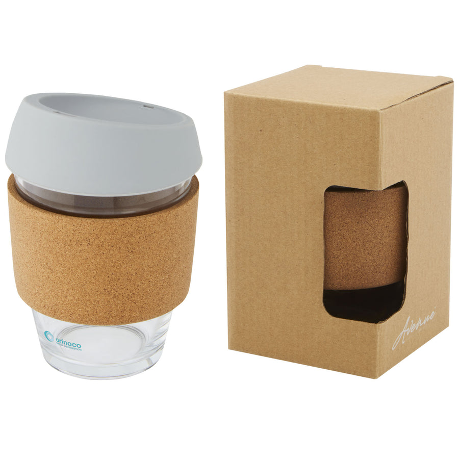 G100665 Bicchiere da 360 ml in vetro borosilicato con impugnatura in sughero e coperchio in silicone Lidan