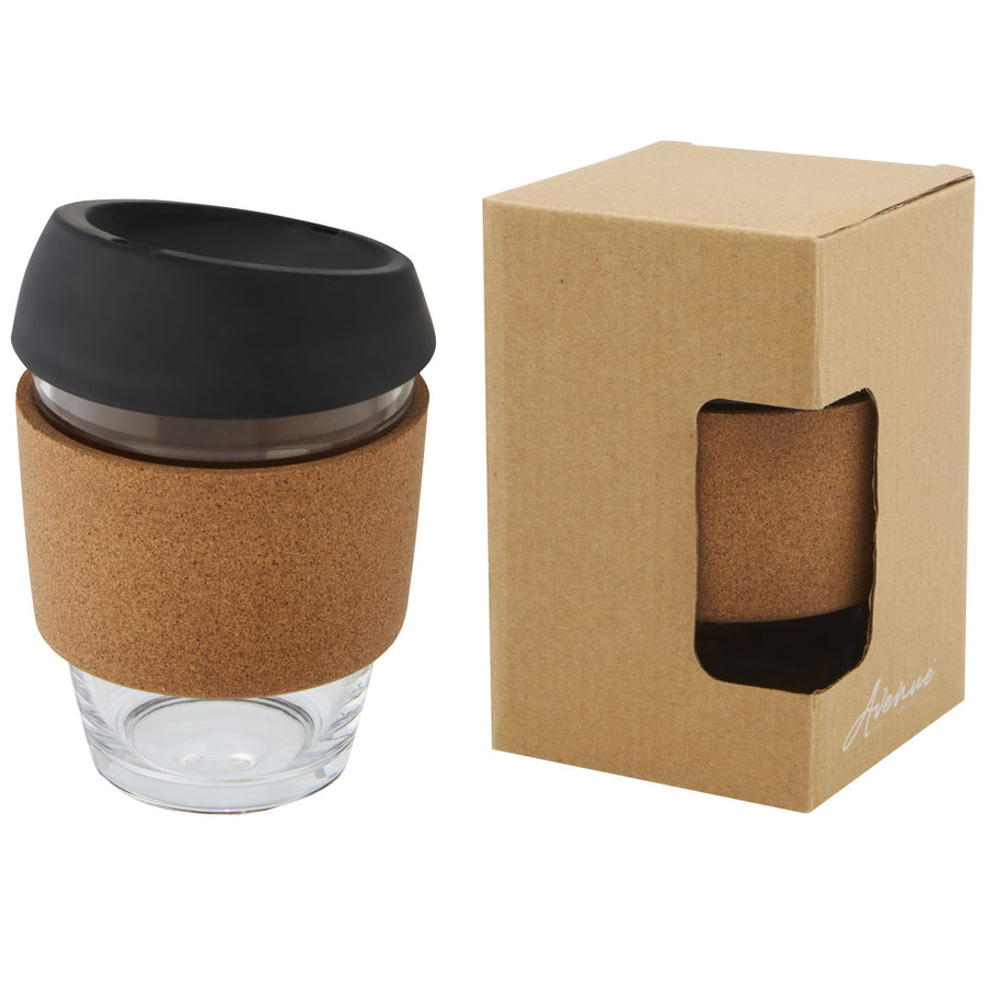 G100665 Bicchiere da 360 ml in vetro borosilicato con impugnatura in sughero e coperchio in silicone Lidan