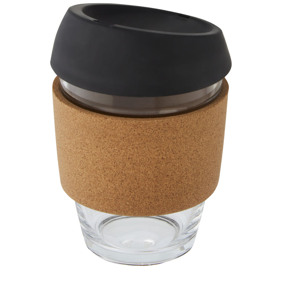 G100665 Bicchiere da 360 ml in vetro borosilicato con impugnatura in sughero e coperchio in silicone Lidan