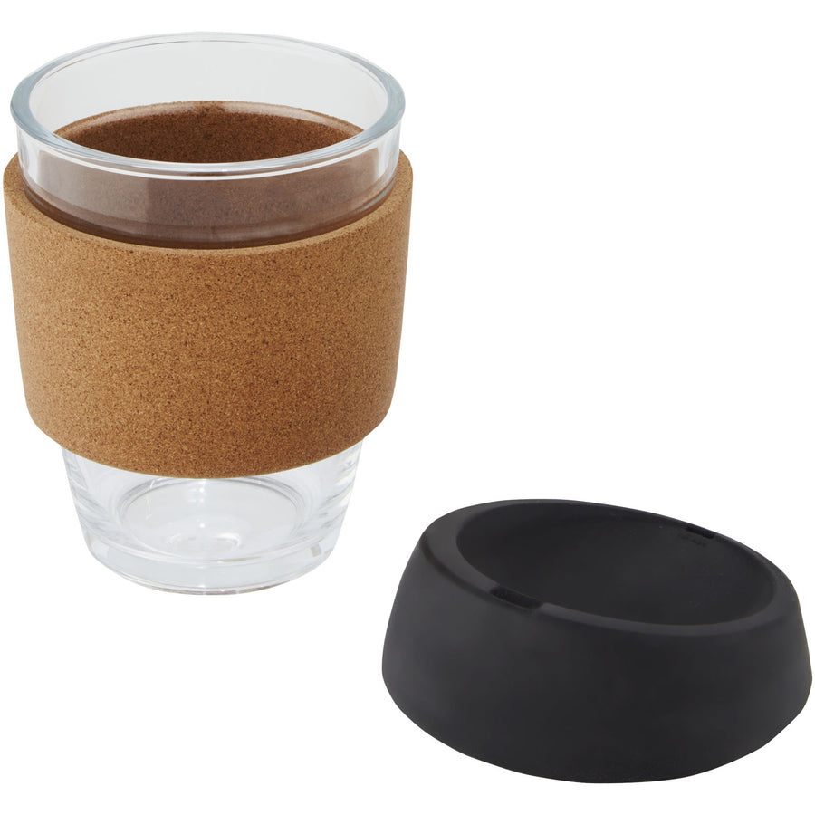 G100665 Bicchiere da 360 ml in vetro borosilicato con impugnatura in sughero e coperchio in silicone Lidan