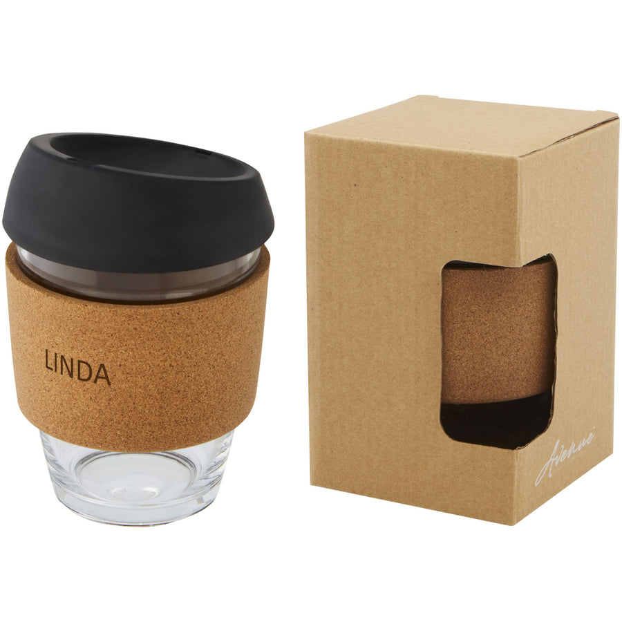 G100665 Bicchiere da 360 ml in vetro borosilicato con impugnatura in sughero e coperchio in silicone Lidan
