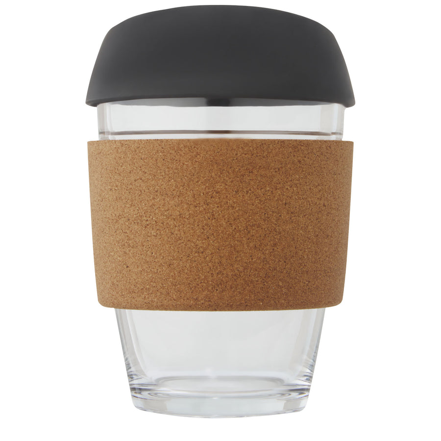 G100665 Bicchiere da 360 ml in vetro borosilicato con impugnatura in sughero e coperchio in silicone Lidan