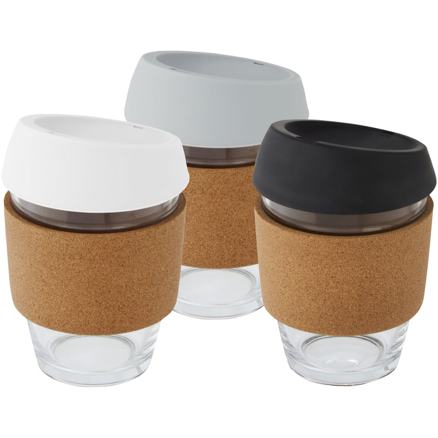 G100665 Bicchiere da 360 ml in vetro borosilicato con impugnatura in sughero e coperchio in silicone Lidan