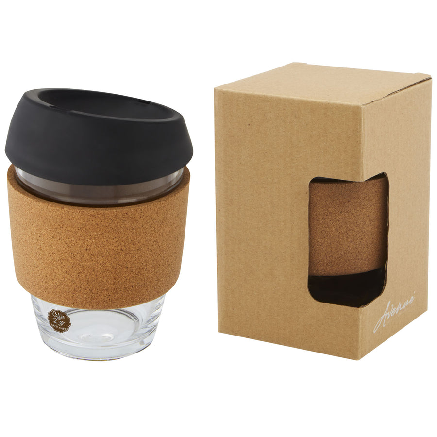 G100665 Bicchiere da 360 ml in vetro borosilicato con impugnatura in sughero e coperchio in silicone Lidan
