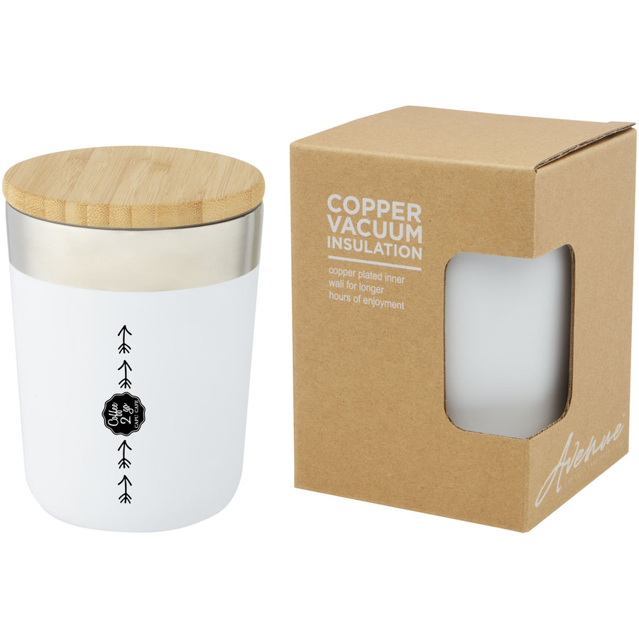 G100670 Bicchiere termico in acciaio inossidabile con isolamento sottovuoto in rame e coperchio in bambù da 300 ml Lagan