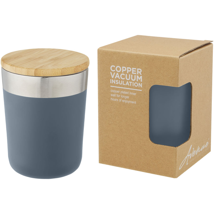 G100670 Bicchiere termico in acciaio inossidabile con isolamento sottovuoto in rame e coperchio in bambù da 300 ml Lagan