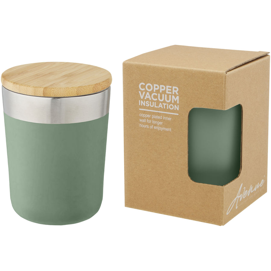 G100670 Bicchiere termico in acciaio inossidabile con isolamento sottovuoto in rame e coperchio in bambù da 300 ml Lagan