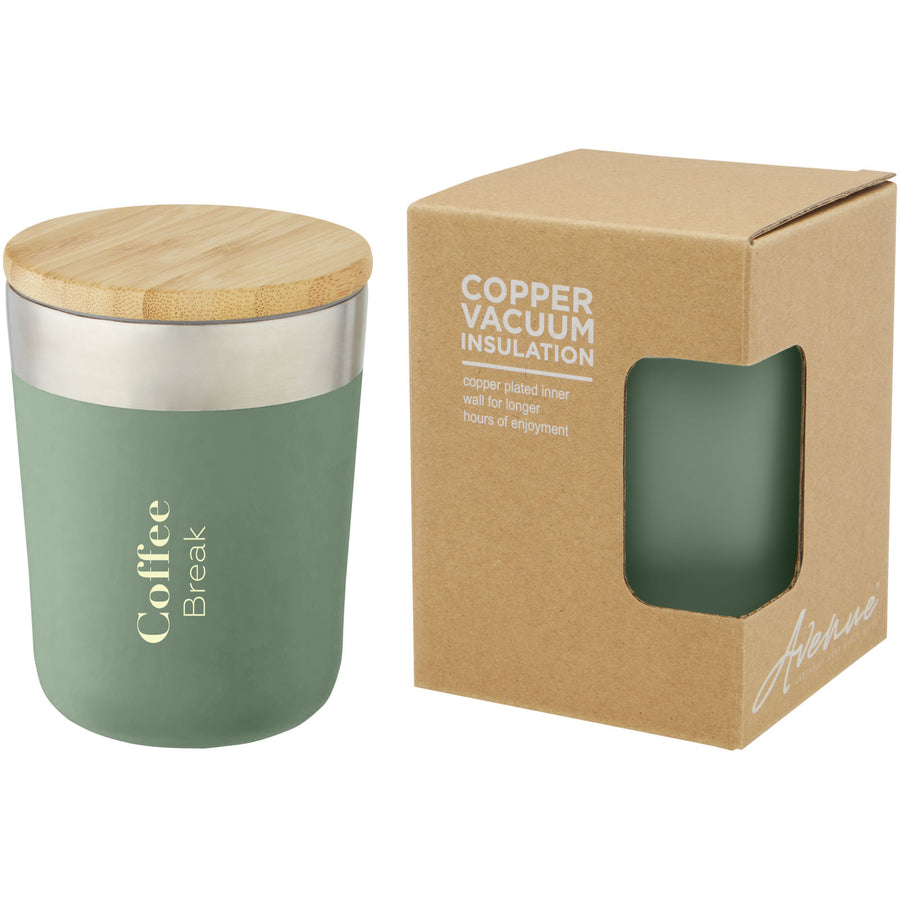 G100670 Bicchiere termico in acciaio inossidabile con isolamento sottovuoto in rame e coperchio in bambù da 300 ml Lagan