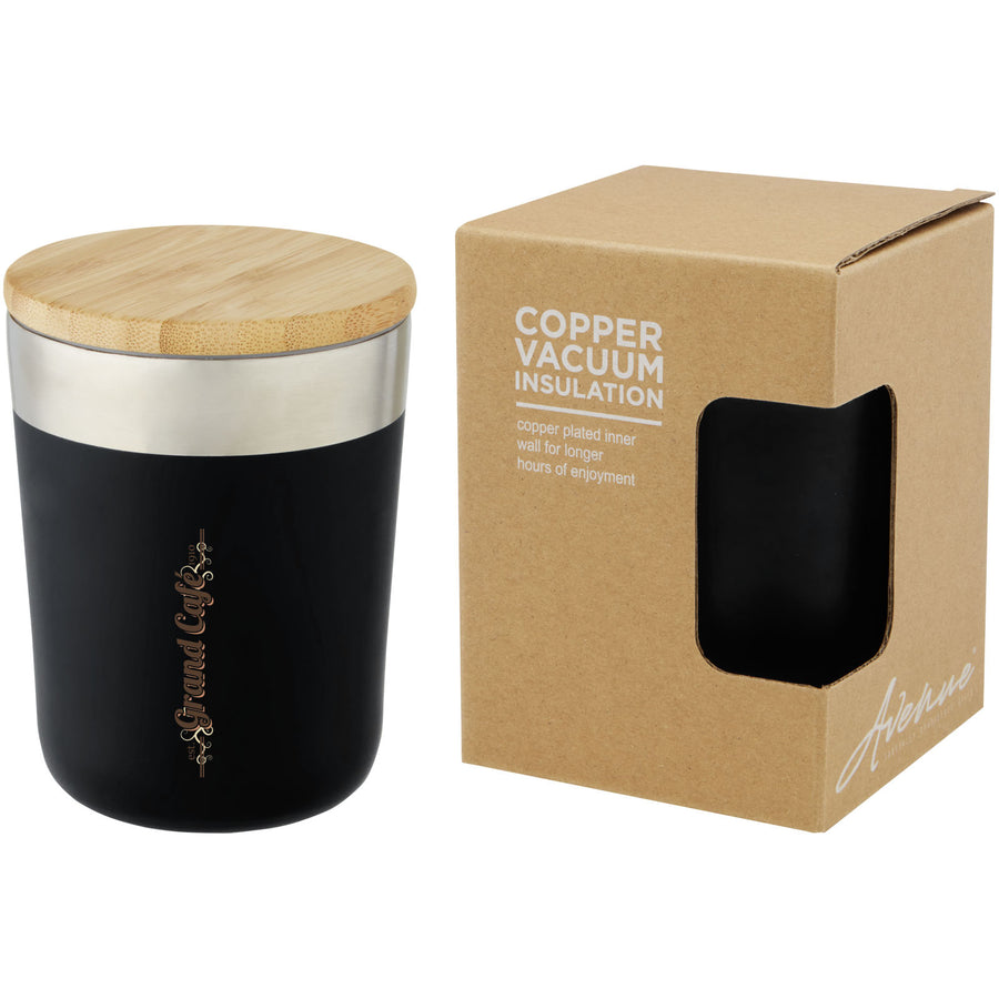 G100670 Bicchiere termico in acciaio inossidabile con isolamento sottovuoto in rame e coperchio in bambù da 300 ml Lagan