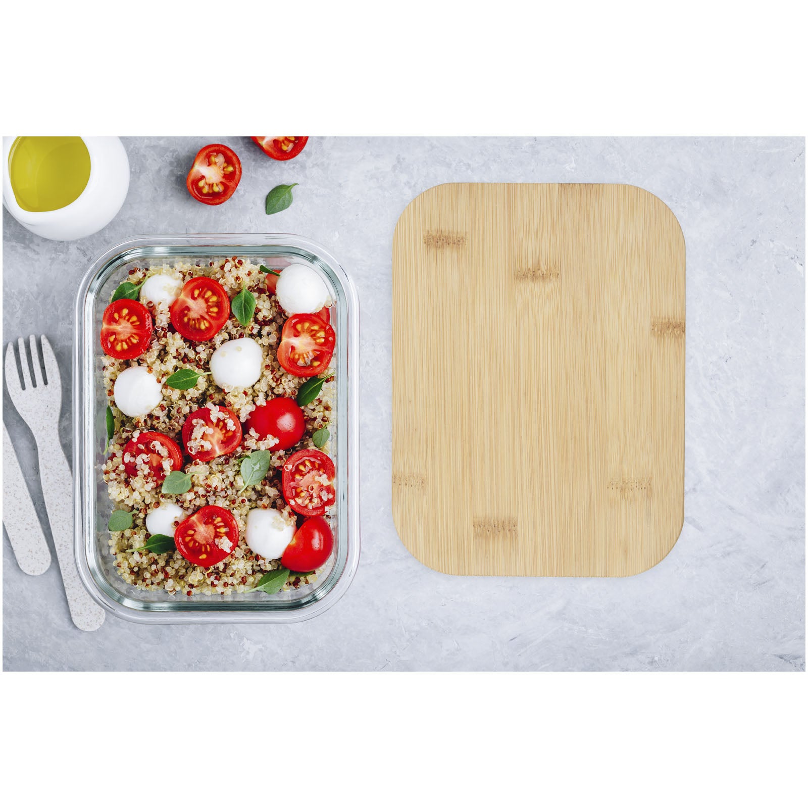 G113276 Contenitore per pranzo Roby di vetro con coperchio in bamboo