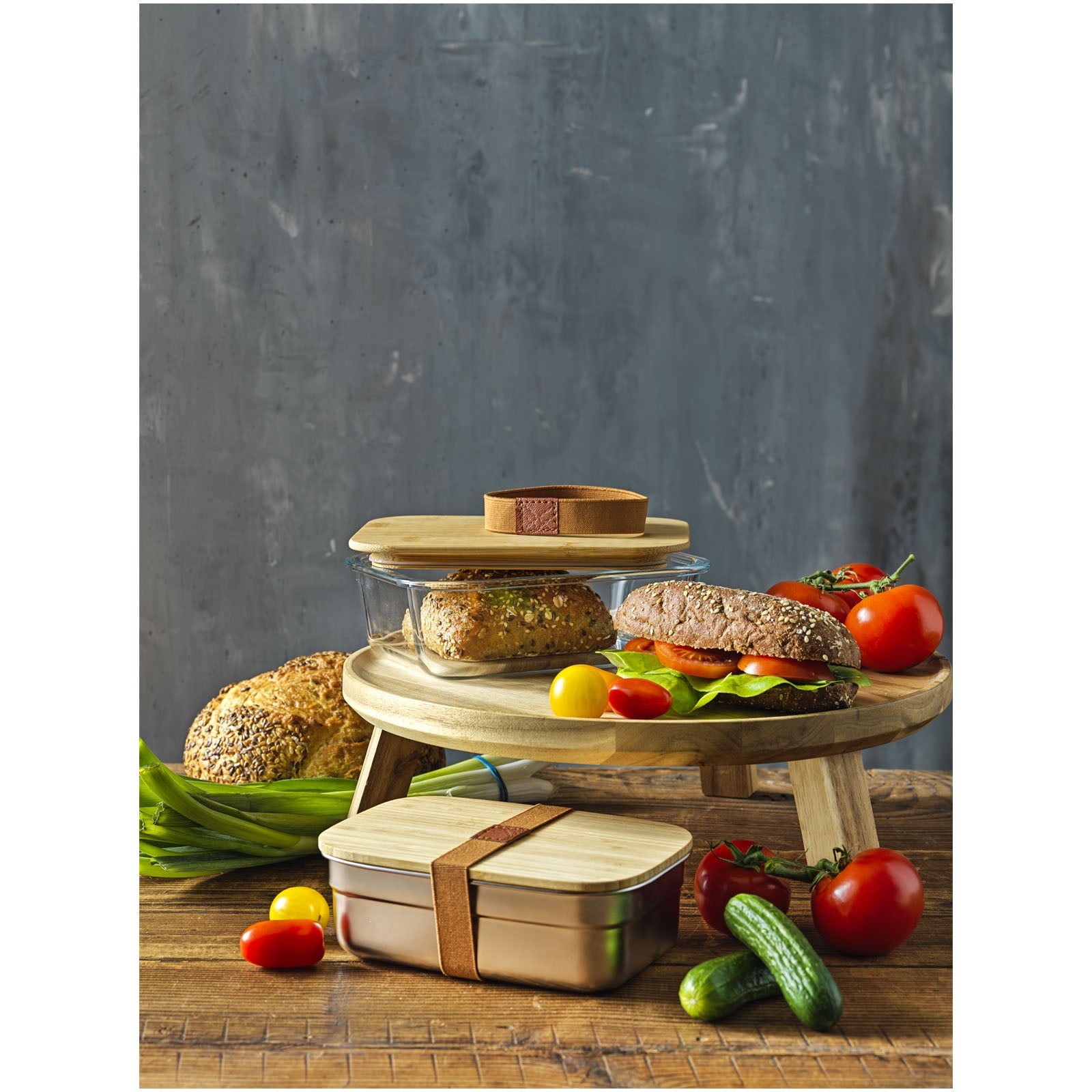 G113276 Contenitore per pranzo Roby di vetro con coperchio in bamboo
