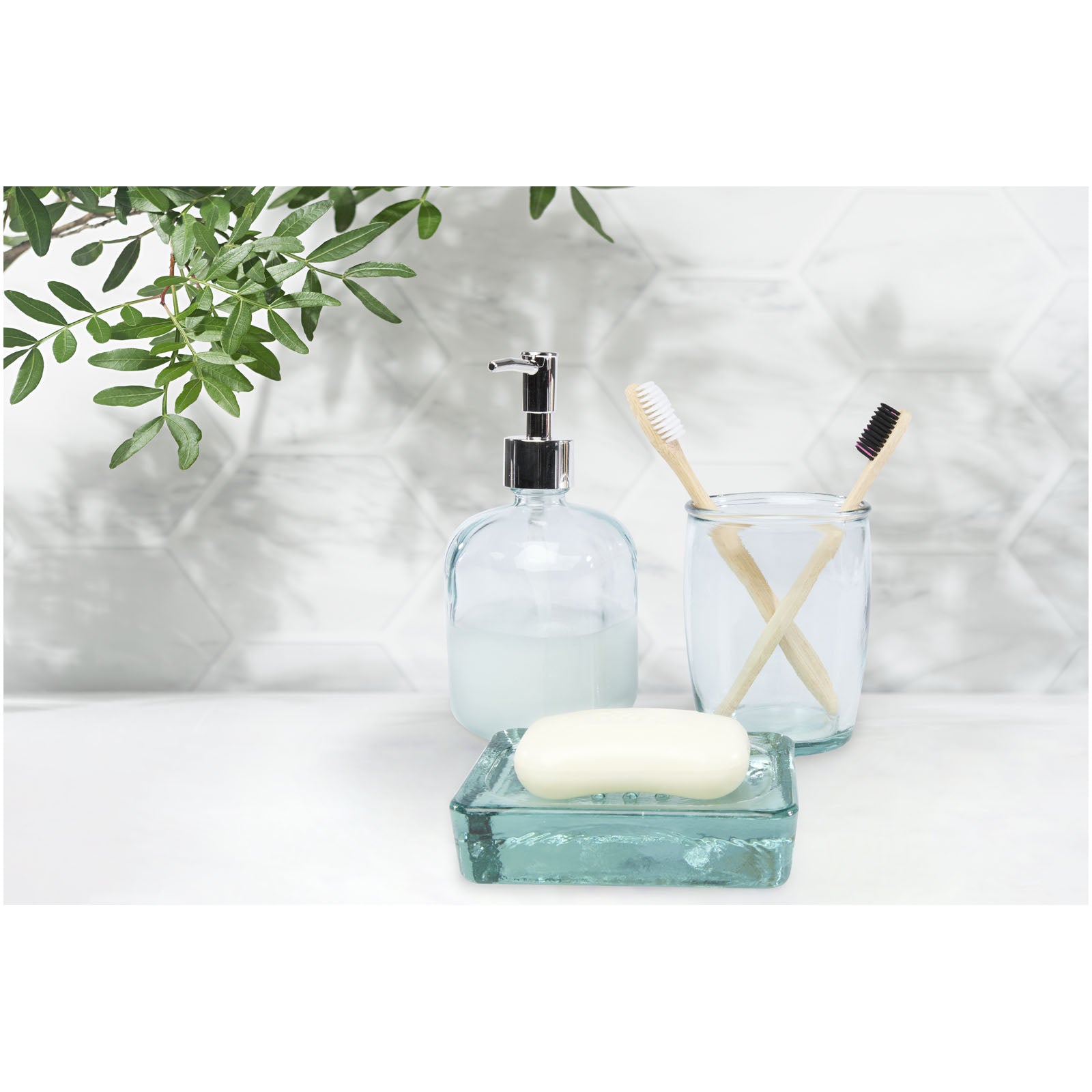 G126190 Set da bagno Jabony da 3 pezzi in vetro riciclato