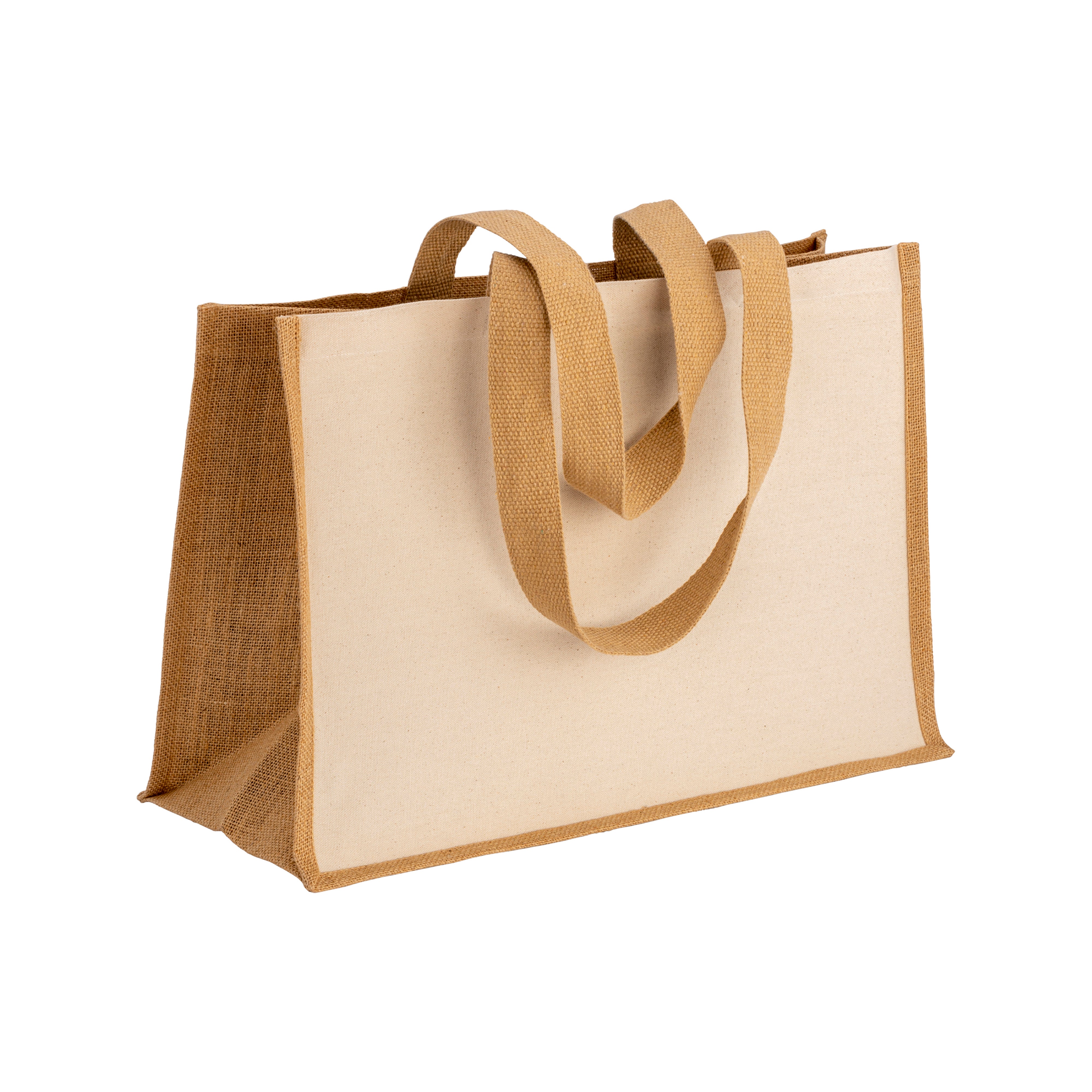 G22125 Shopper in cotone 280 gr/m² con soffietto dettagli in juta, manici lunghi