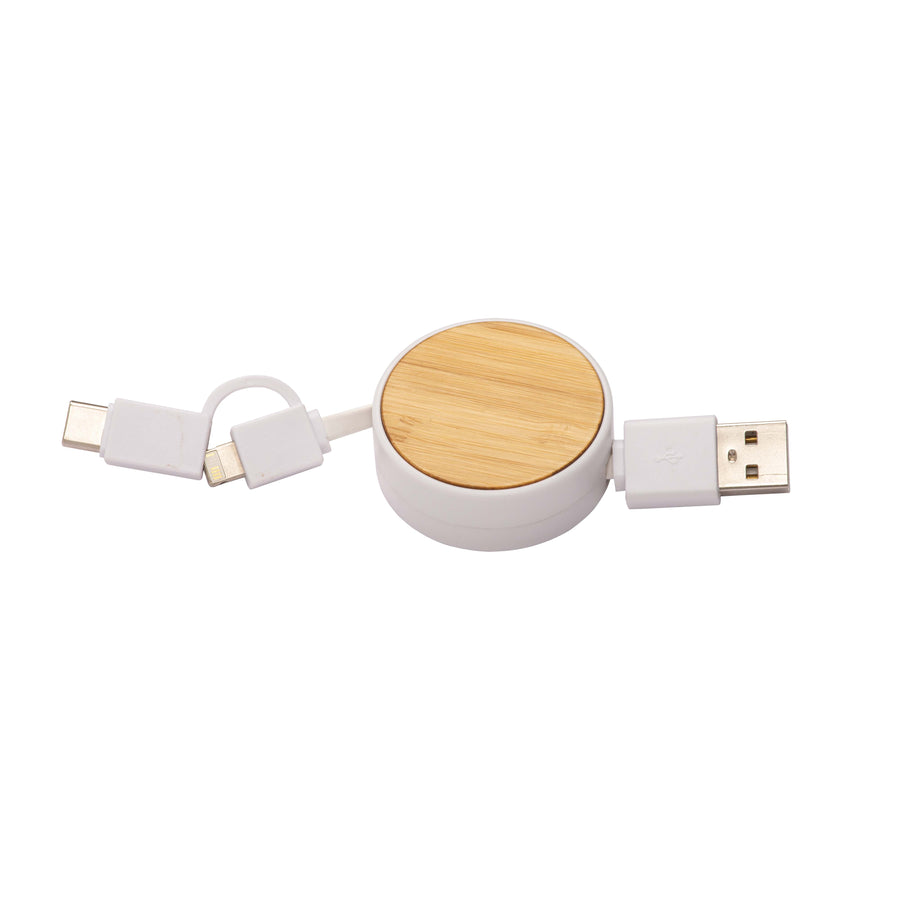 G22438 Cavo retrattile in bambù con adattatore USB-type C/lightning/microUSB .