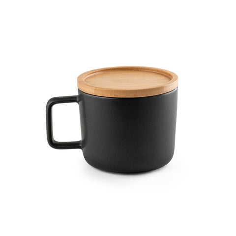 G94251 FANGIO. Tazza in ceramica da 250 ml con tappo e base in bamboo