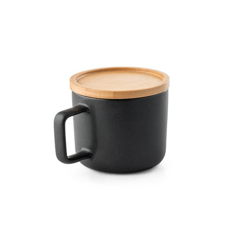 G94251 FANGIO. Tazza in ceramica da 250 ml con tappo e base in bamboo