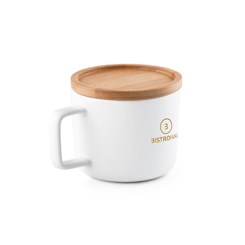 G94251 FANGIO. Tazza in ceramica da 250 ml con tappo e base in bamboo