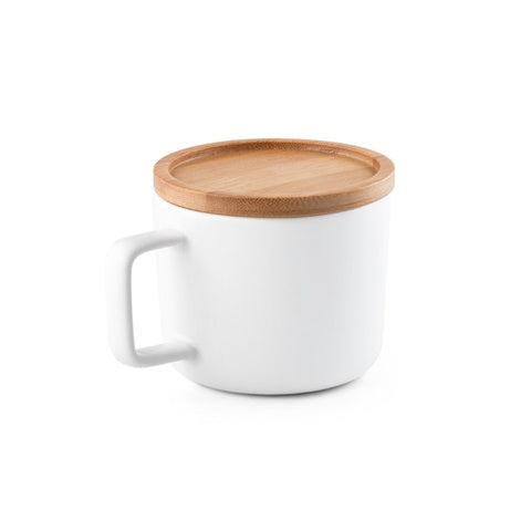 G94251 FANGIO. Tazza in ceramica da 250 ml con tappo e base in bamboo