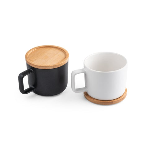 G94251 FANGIO. Tazza in ceramica da 250 ml con tappo e base in bamboo