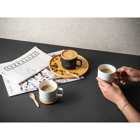 G94251 FANGIO. Tazza in ceramica da 250 ml con tappo e base in bamboo